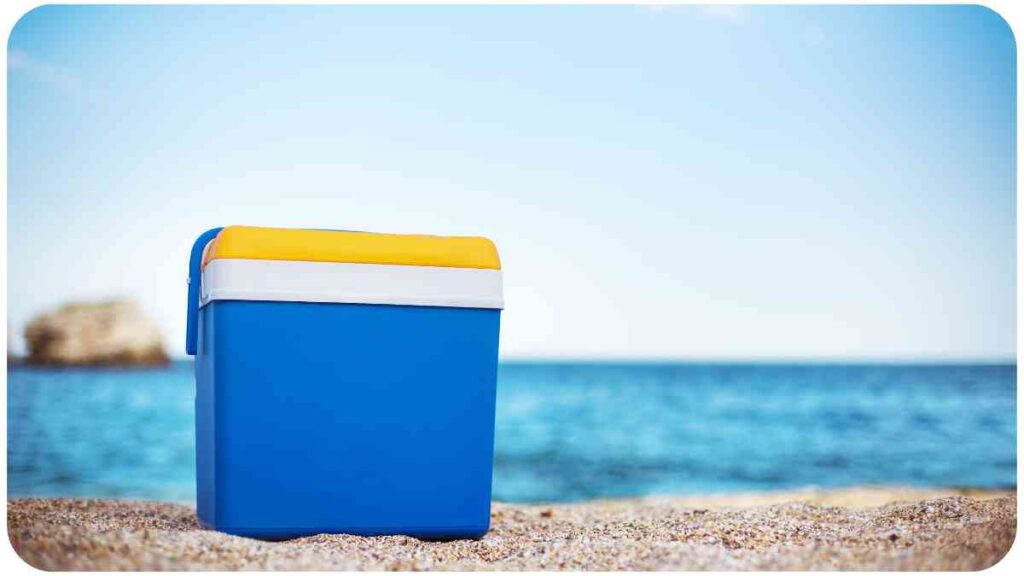 a blue and yellow cooler sitting on top of a sandy beach