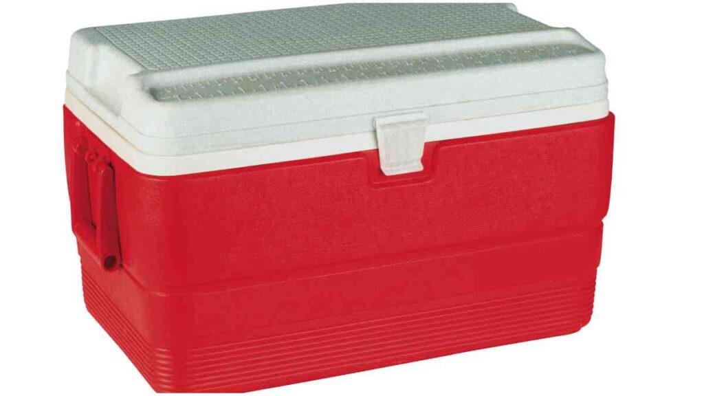 a red and white cooler on a white background