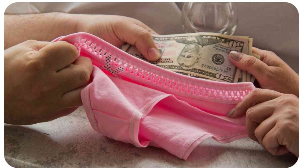 a man is putting money into a pink underwear