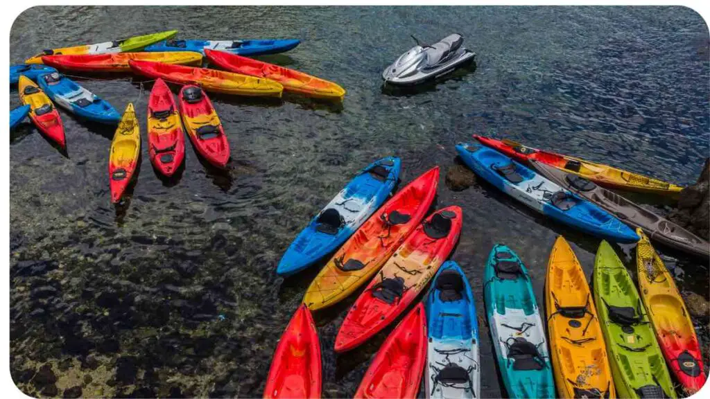 several kayaks are lined up in a body of water